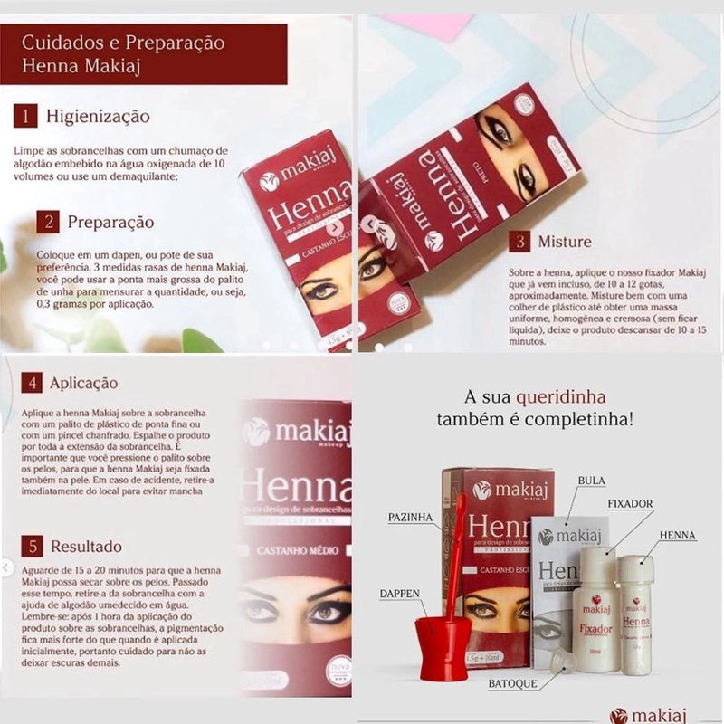 Kit Henna Designer Sobrancelhas Profissional Alto Rendimento e Fixação Rena Makiaj De Sobrancelha