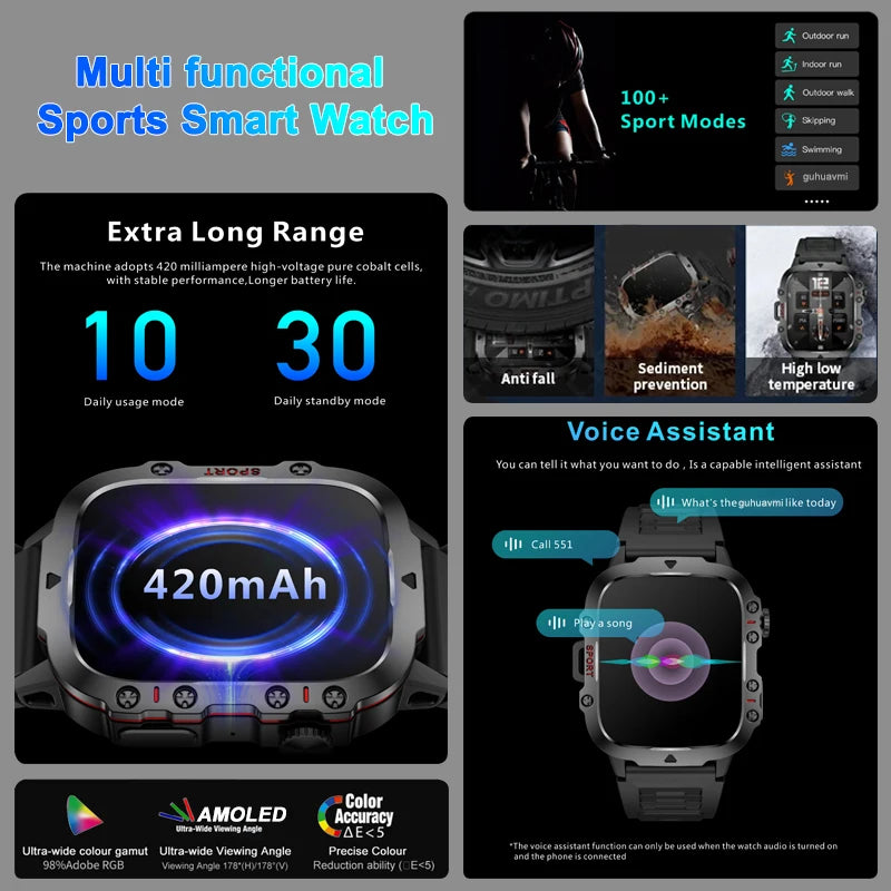 Relógio Inteligente Militar Robusto, GPS, Tela HD AMOLED, Frequência Cardíaca, Chamada Bluetooth e Impermeável